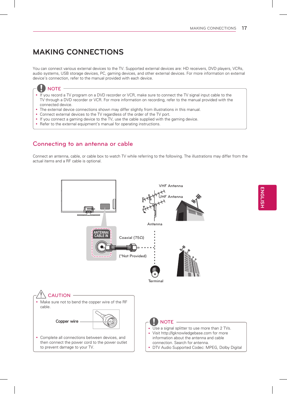 Making connections, Connecting to an antenna or cable, Tidying cables | LG 42PN4500 User Manual | Page 17 / 44