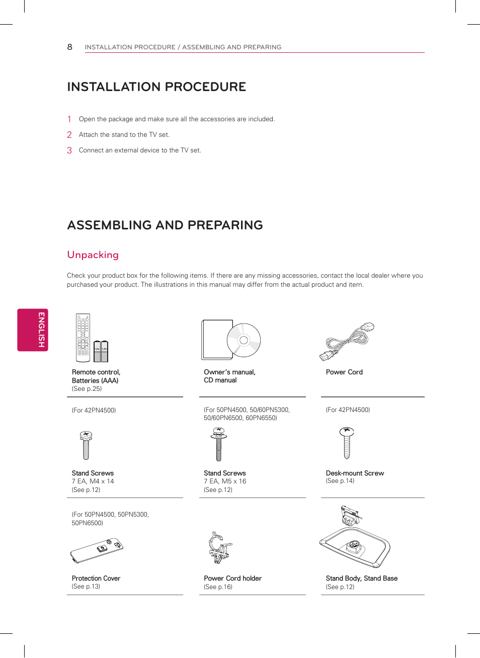 Assembling and preparing, Installation procedure, Unpacking | LG 42PN4500 User Manual | Page 8 / 44
