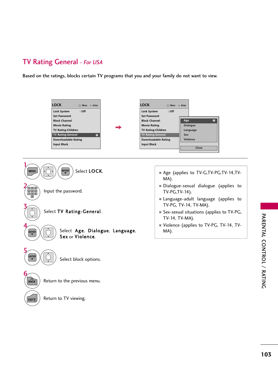 Tv rating general - for usa, Tv rating general, For usa | Parent al contr ol / r ating | LG 22LD350C User Manual | Page 104 / 379