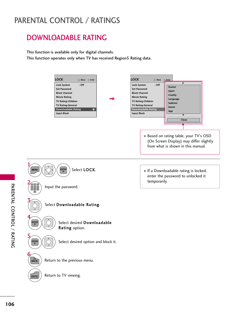 Downloadable rating, Parental control / ratings, Parent al contr ol / r ating | LG 22LD350C User Manual | Page 107 / 379