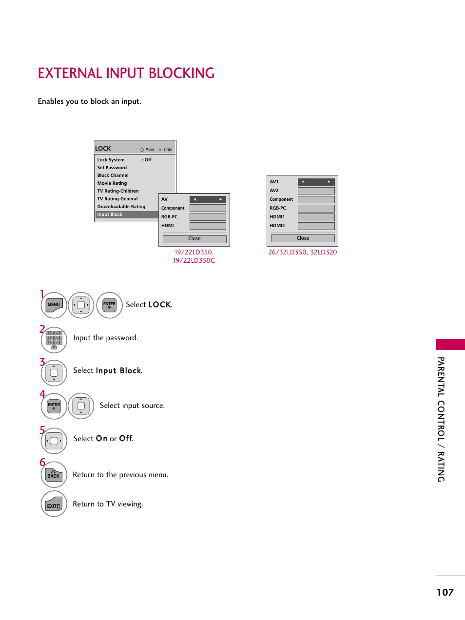 External input blocking, Parent al contr ol / r ating, Select o o nn or o o ff ff | Select llo oc ck k, Input the password, Return to the previous menu, Return to tv viewing | LG 22LD350C User Manual | Page 108 / 379