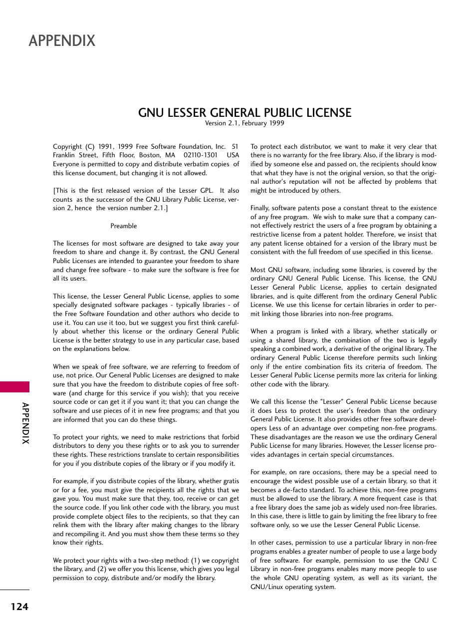 Appendix, Gnu lesser general public license | LG 22LD350C User Manual | Page 125 / 379