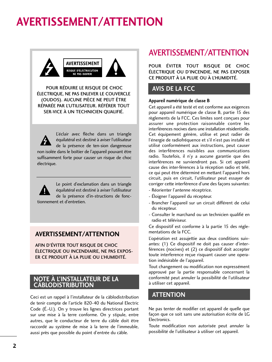 Avertissement/attention, Avis de la fcc, Attention | LG 22LD350C User Manual | Page 137 / 379