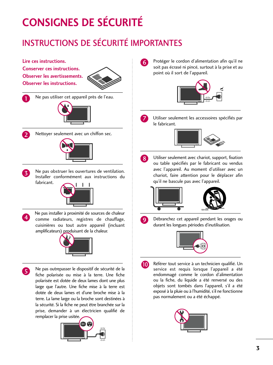 Consignes de sécurité, Instructions de sécurité importantes | LG 22LD350C User Manual | Page 138 / 379