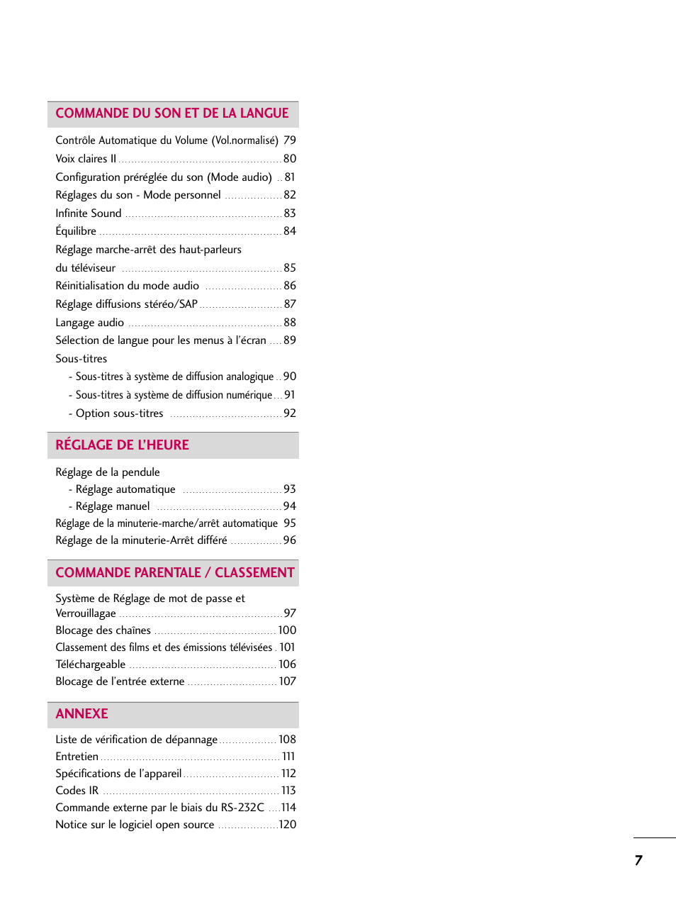 7commande du son et de la langue, Réglage de l’heure, Commande parentale / classement | Annexe | LG 22LD350C User Manual | Page 142 / 379