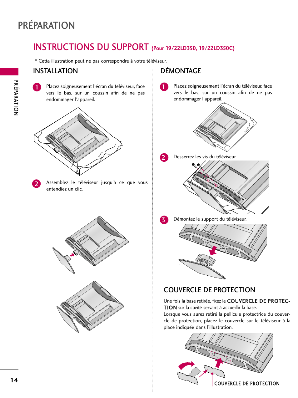 Préparation, Instructions du support, Couvercle de protection | Installation démontage | LG 22LD350C User Manual | Page 149 / 379