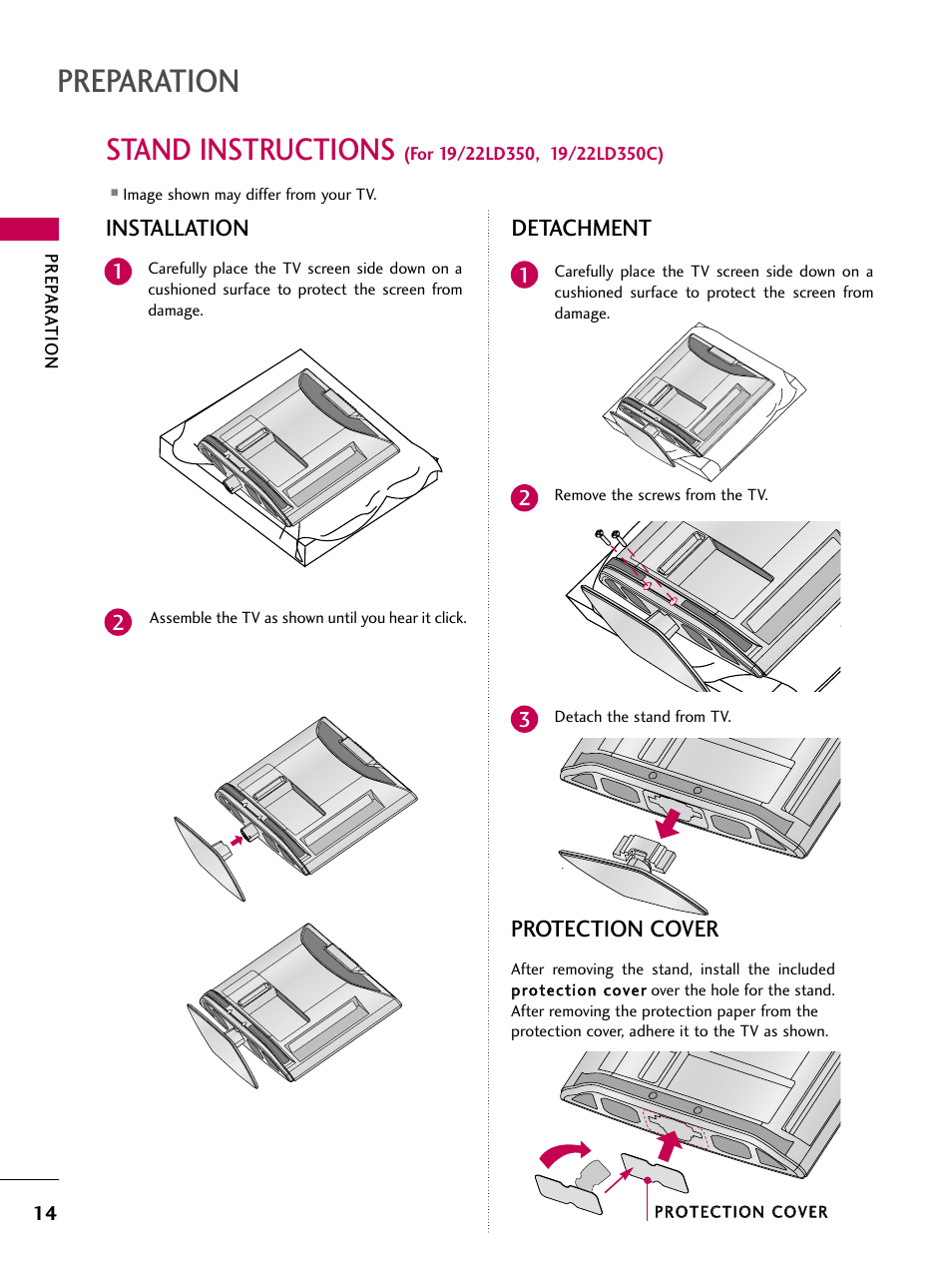 Stand instructions (for 19/22ld350, 19/22ld350c), Preparation, Stand instructions | Protection cover, Installation detachment | LG 22LD350C User Manual | Page 15 / 379