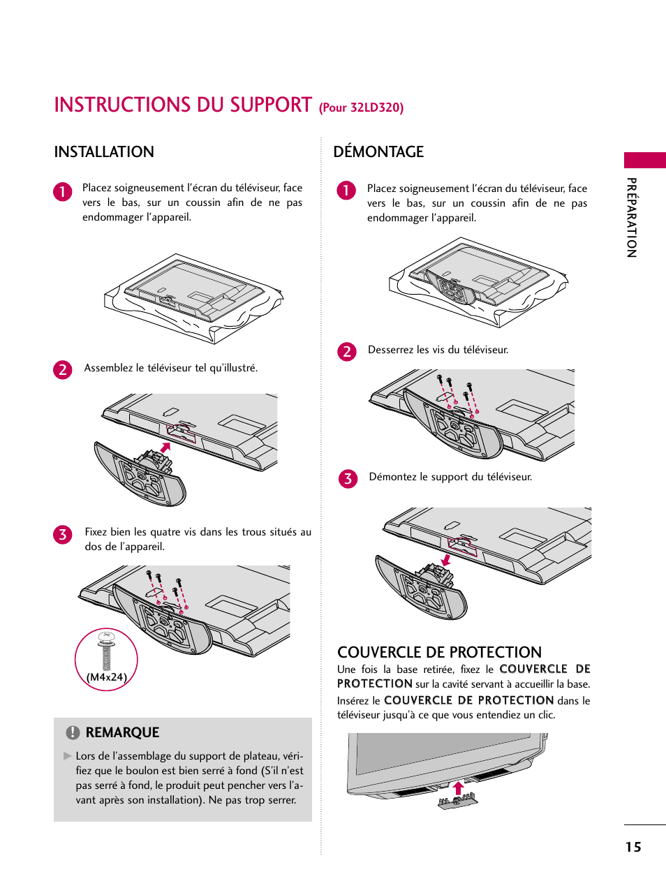 Instructions du support (pour 32ld320), Instructions du support, Installation | Couvercle de protection, Démontage | LG 22LD350C User Manual | Page 150 / 379