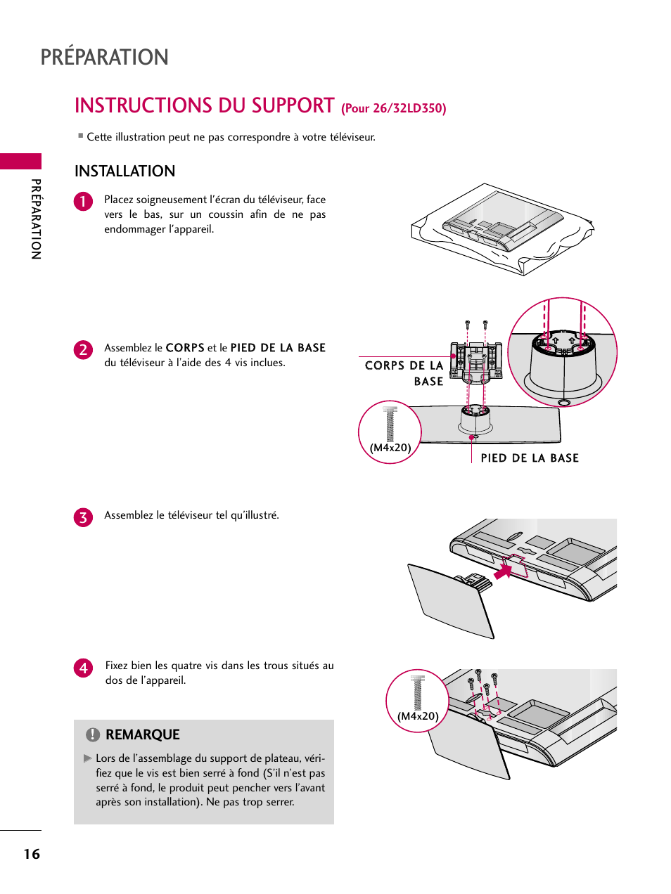 Instructions du support (pour 26/32ld350), Préparation, Instructions du support | Installation, Remarque | LG 22LD350C User Manual | Page 151 / 379
