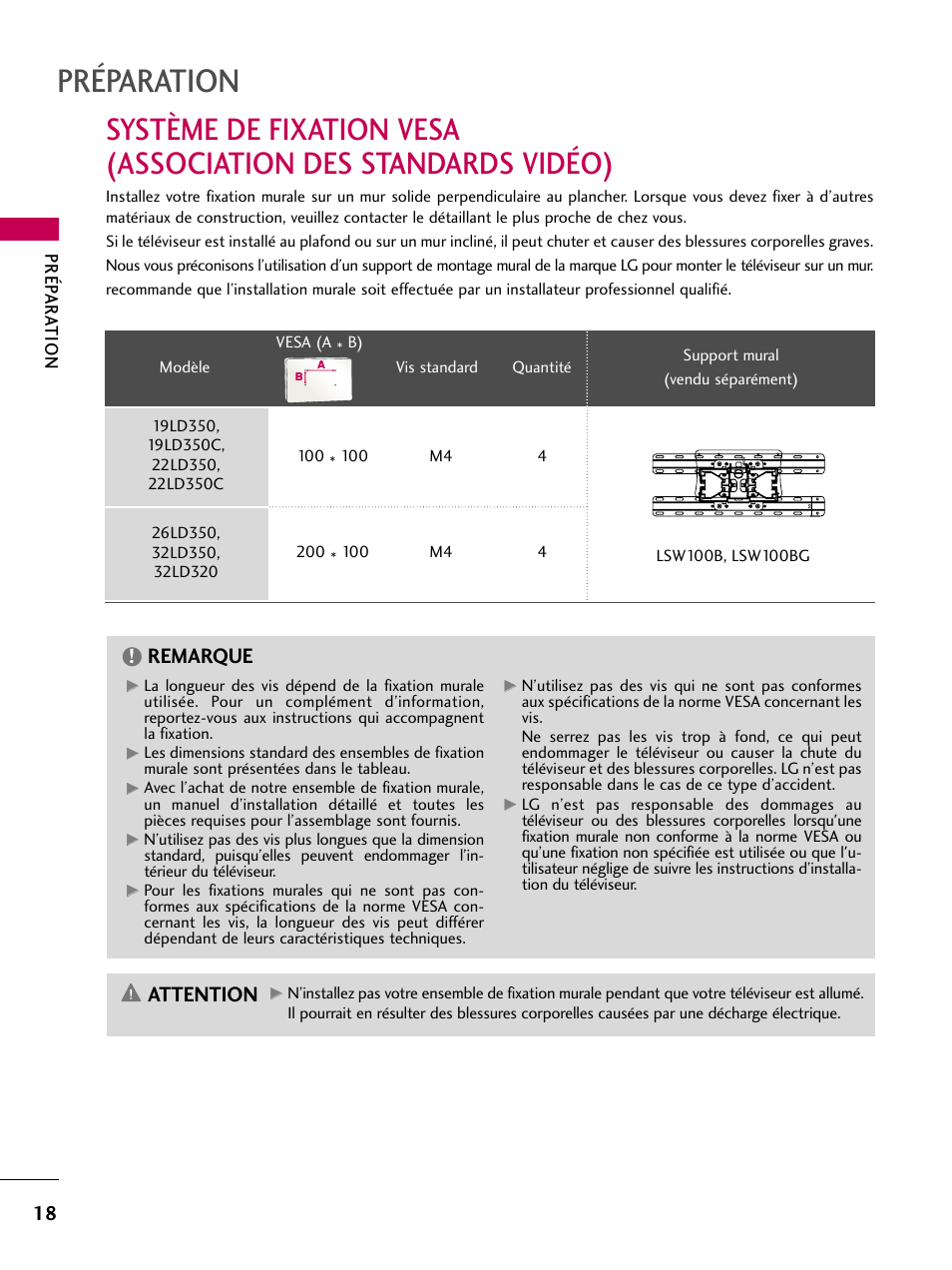 Préparation, Attention, Remarque | LG 22LD350C User Manual | Page 153 / 379