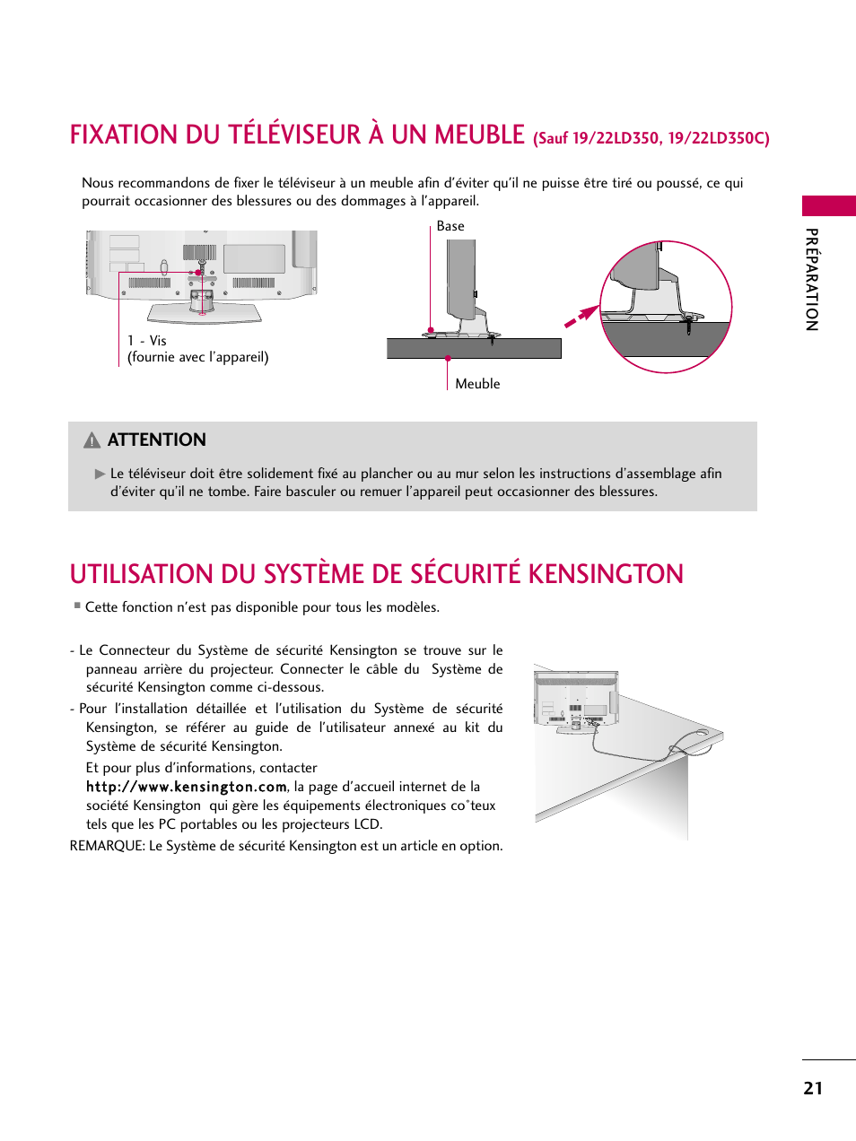 Utilisation du système de sécurité kensington, Fixation du téléviseur à un meuble, Attention | LG 22LD350C User Manual | Page 156 / 379