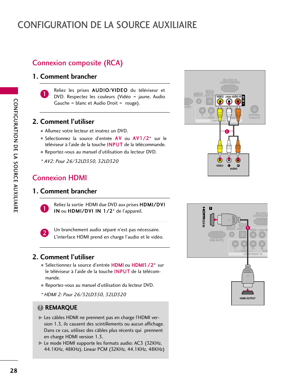 Connexion composite (rca), Connexion hdmi, Configuration de la source auxiliaire | Comment brancher 2. comment l’utiliser, Remarque, Configur ation de la sour ce a uxiliaire | LG 22LD350C User Manual | Page 163 / 379