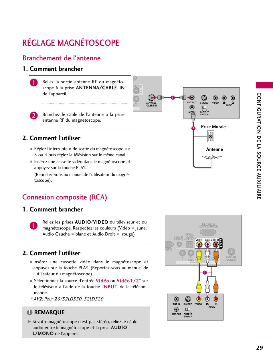 Réglage magnétoscope, Branchement de l'antenne, Connexion composite (rca) | Comment brancher, Comment l’utiliser, Comment brancher 2. comment l’utiliser, Remarque, Configur ation de la sour ce a uxiliaire, Prise murale antenne | LG 22LD350C User Manual | Page 164 / 379
