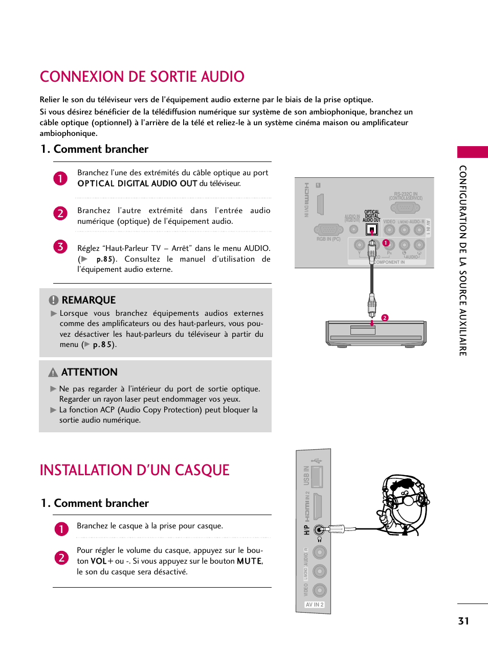 Connexion de sortie audio, Installation d'un casque, Comment brancher | Remarque, Attention, Configur ation de la sour ce a uxiliaire | LG 22LD350C User Manual | Page 166 / 379