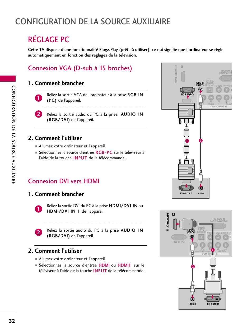 Réglage pc, Connexion vga (d-sub à 15 broches), Connexion dvi vers hdmi | Configuration de la source auxiliaire, Comment brancher 2. comment l’utiliser, Configur ation de la sour ce a uxiliaire | LG 22LD350C User Manual | Page 167 / 379