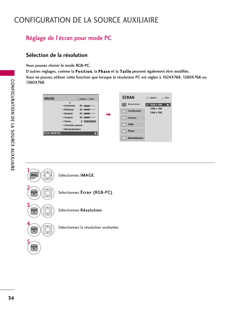Réglage de l’écran pour mode pc, Configuration de la source auxiliaire, Sélection de la résolution | Configur ation de la sour ce a uxiliaire | LG 22LD350C User Manual | Page 169 / 379