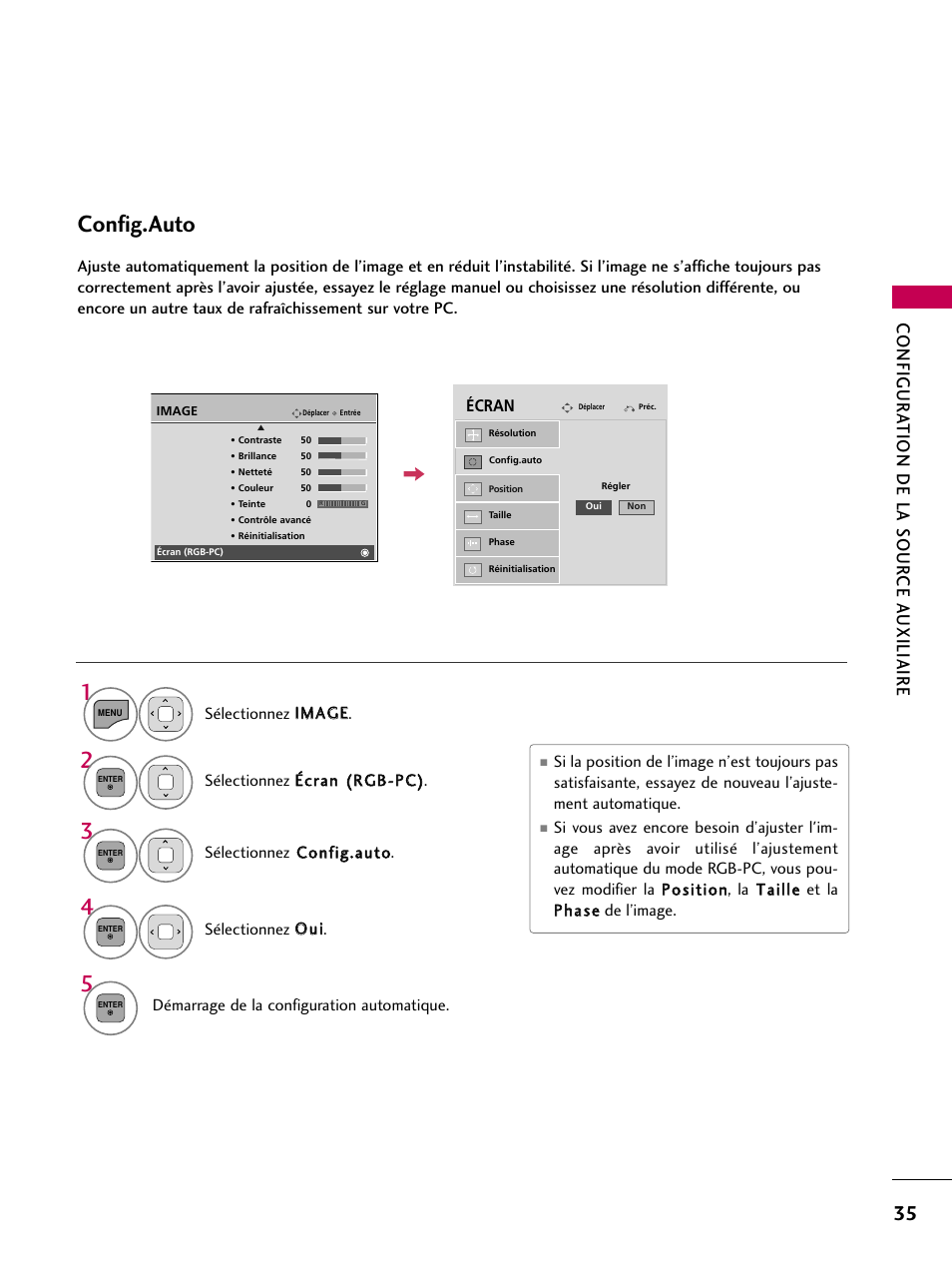 Config.auto, Configur ation de la sour ce a uxiliaire | LG 22LD350C User Manual | Page 170 / 379