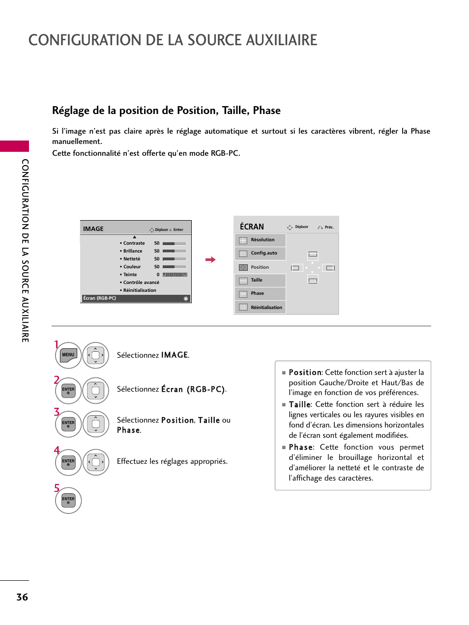 Configuration de la source auxiliaire, Réglage de la position de position, taille, phase, Configur ation de la sour ce a uxiliaire | LG 22LD350C User Manual | Page 171 / 379