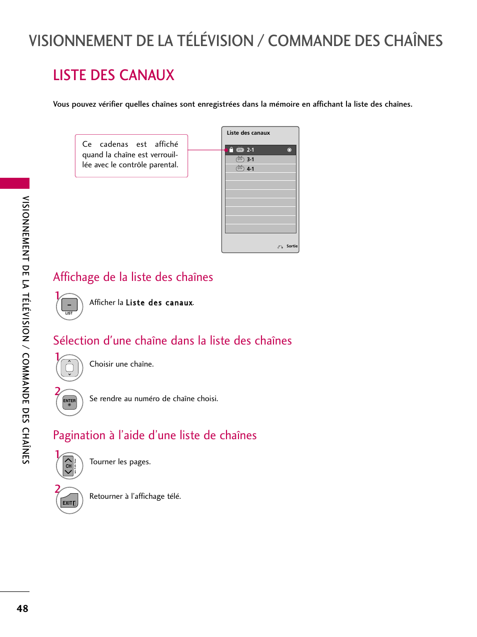 Liste des canaux, Affichage de la liste des chaînes, Sélection d'une chaîne dans la liste des chaînes | Pagination à l’aide d’une liste de chaînes | LG 22LD350C User Manual | Page 183 / 379