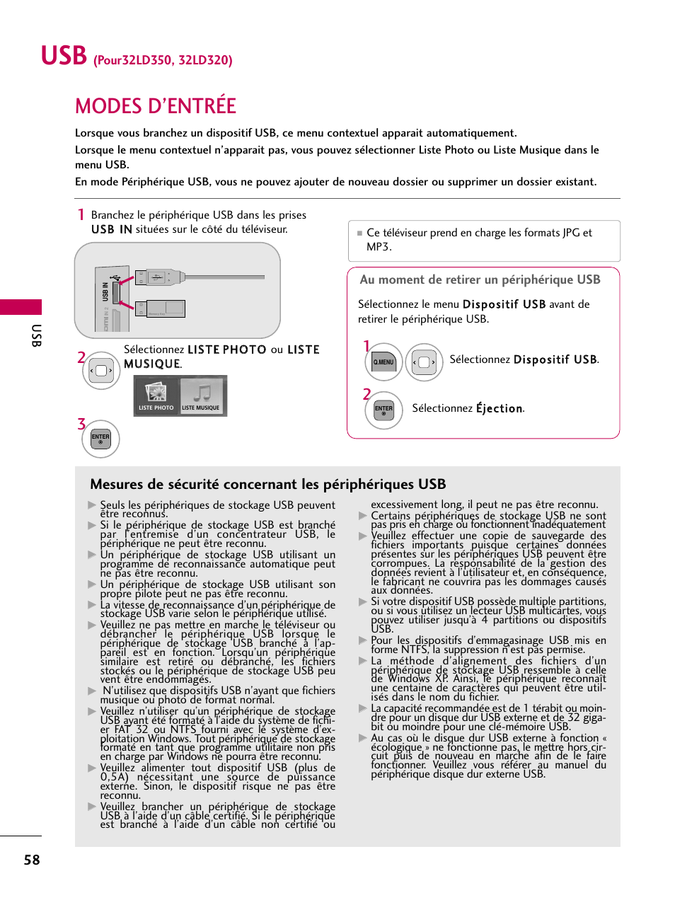 Usb (pour32ld350, 32ld320), Modes d’entrée, Au moment de retirer un périphérique usb | LG 22LD350C User Manual | Page 193 / 379