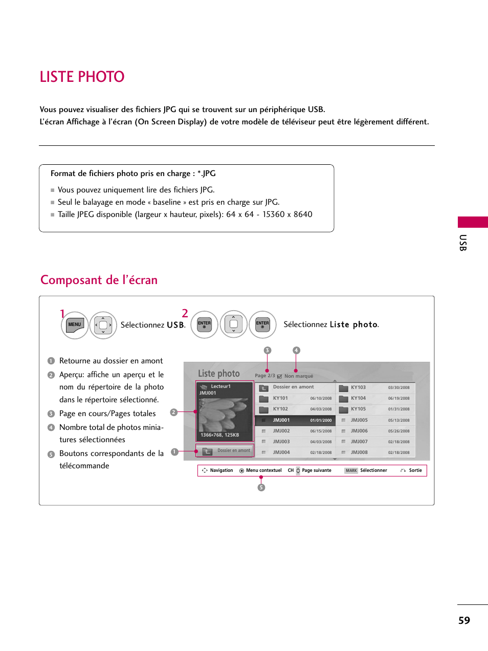 Liste photo, Composant de l’écran, Vous pouvez uniquement lire des fichiers jpg | LG 22LD350C User Manual | Page 194 / 379