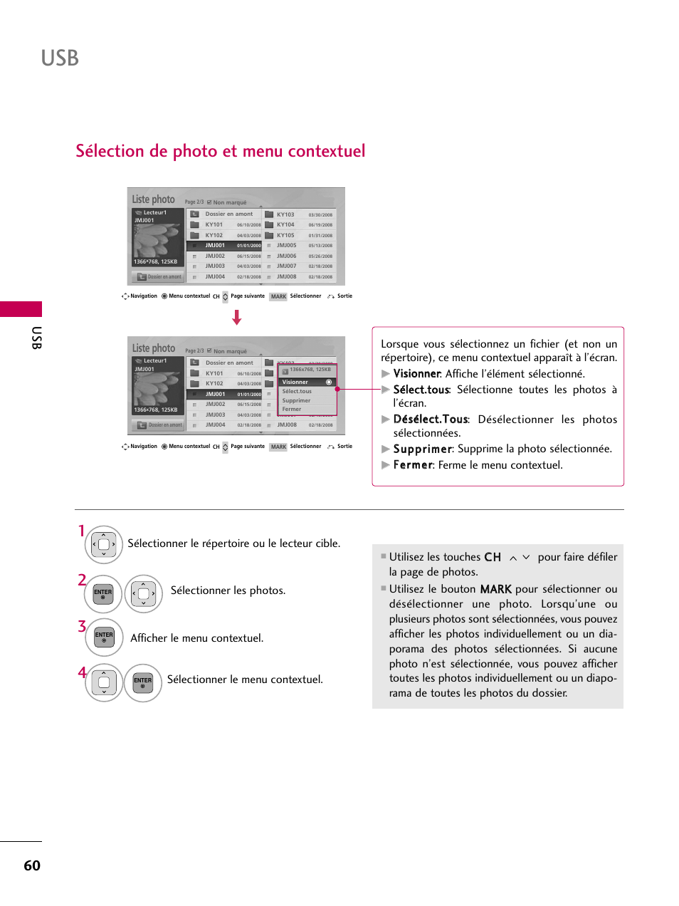 Sélection de photo et menu contextuel, Afficher le menu contextuel, Sélectionner le menu contextuel | Ffeerrm meerr: ferme le menu contextuel, Liste photo | LG 22LD350C User Manual | Page 195 / 379