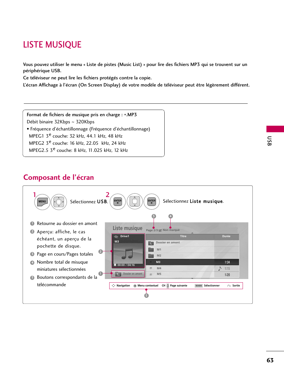 Liste musique, Composant de l’écran | LG 22LD350C User Manual | Page 198 / 379