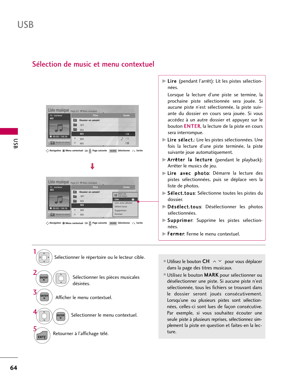 Sélection de music et menu contextuel, Liste musique, Retourner à l’affichage télé | Ffeerrm meerr: ferme le menu contextuel | LG 22LD350C User Manual | Page 199 / 379