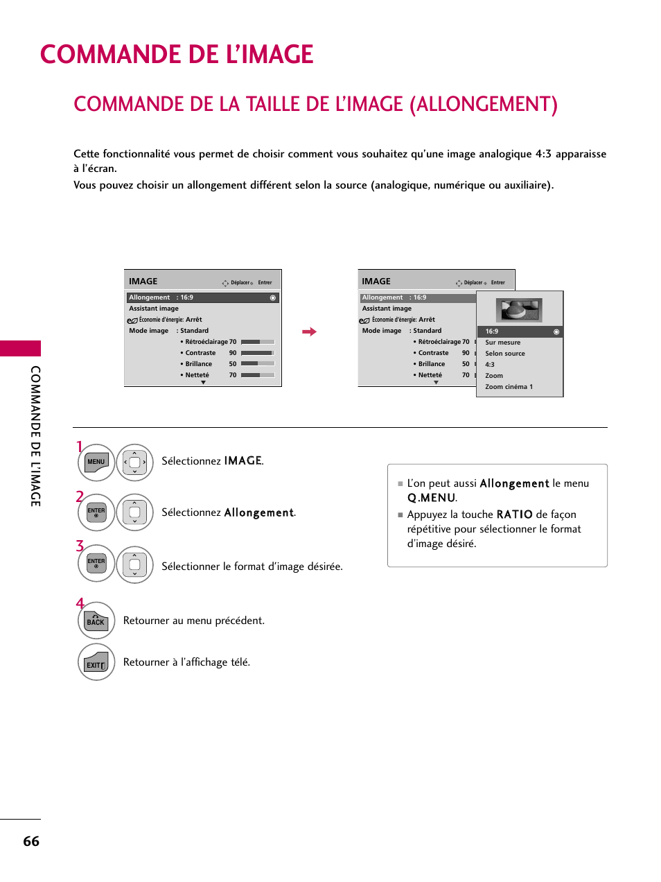 Commande de l’image, Commande de la taille de l’image (allongement), Commande de l’ima ge | LG 22LD350C User Manual | Page 201 / 379