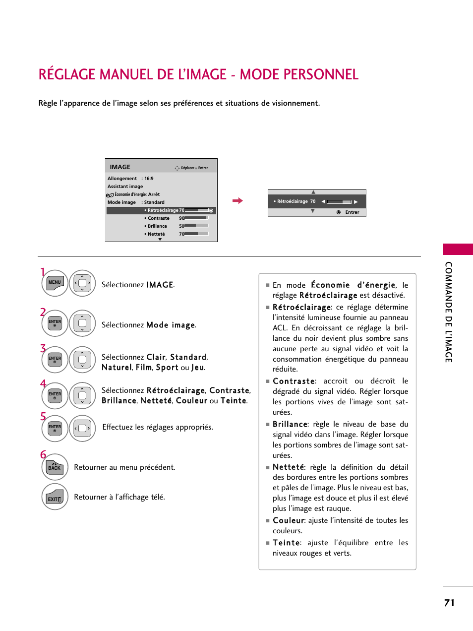 Réglage manuel de l’image - mode personnel, Commande de l’ima ge | LG 22LD350C User Manual | Page 206 / 379
