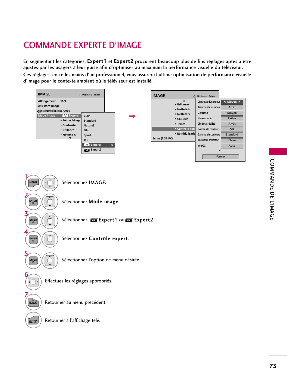 Commande experte d'image, Commande de l’ima ge, Effectuez les réglages appropriés | Retourner au menu précédent, Retourner à l’affichage télé, Sélectionnez l’option de menu désirée | LG 22LD350C User Manual | Page 208 / 379