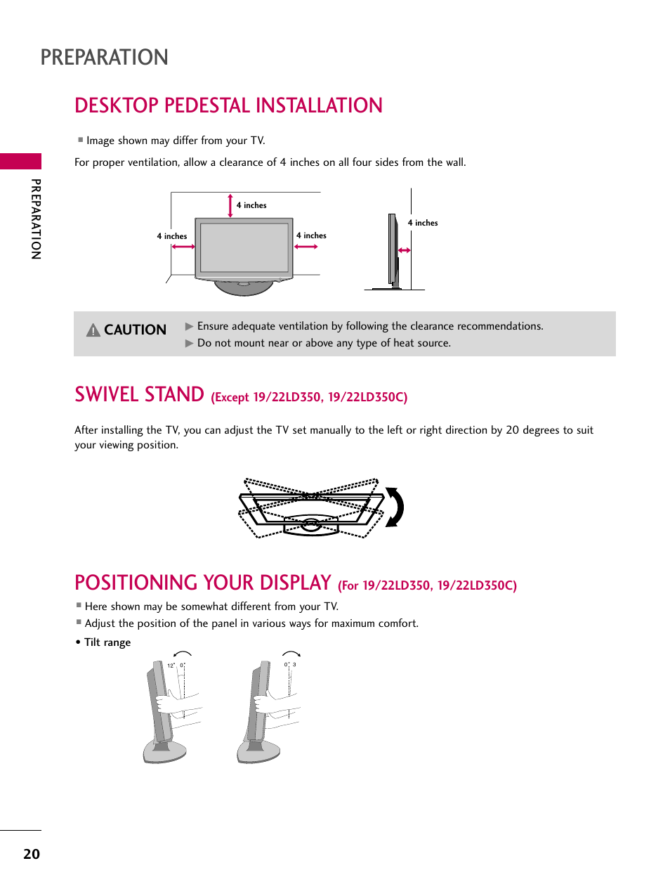 Desktop pedestal installation, Swivel stand (except 19/22ld350, 19/22ld350c), Preparation | Swivel stand, Positioning your display, Caution | LG 22LD350C User Manual | Page 21 / 379