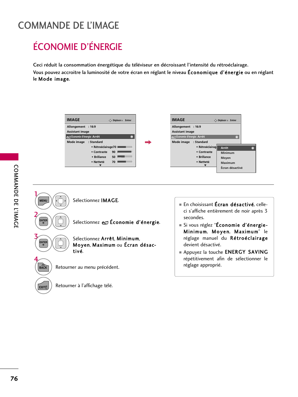 Économie d’énergie, Commande de l’image, Commande de l’ima ge | LG 22LD350C User Manual | Page 211 / 379