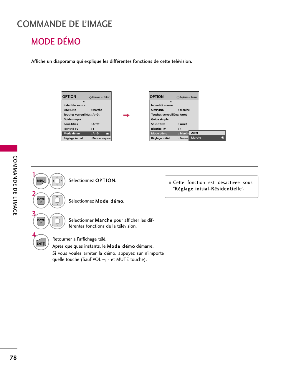Mode démo, Commande de l’image, Commande de l’ima ge | LG 22LD350C User Manual | Page 213 / 379
