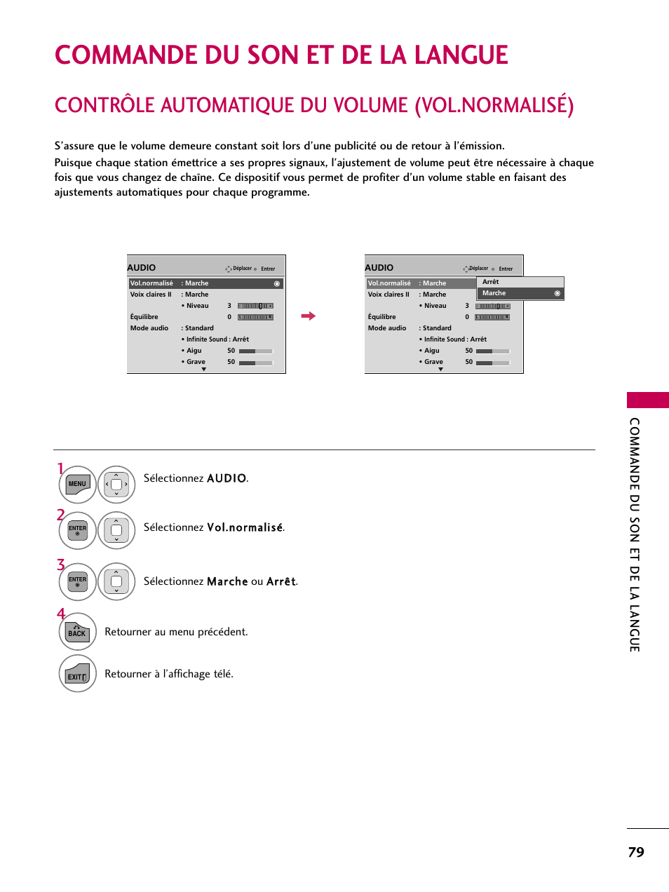 Commande du son et de la langue, Contrôle automatique du volume (vol.normalisé), Retourner au menu précédent | Retourner à l’affichage télé | LG 22LD350C User Manual | Page 214 / 379