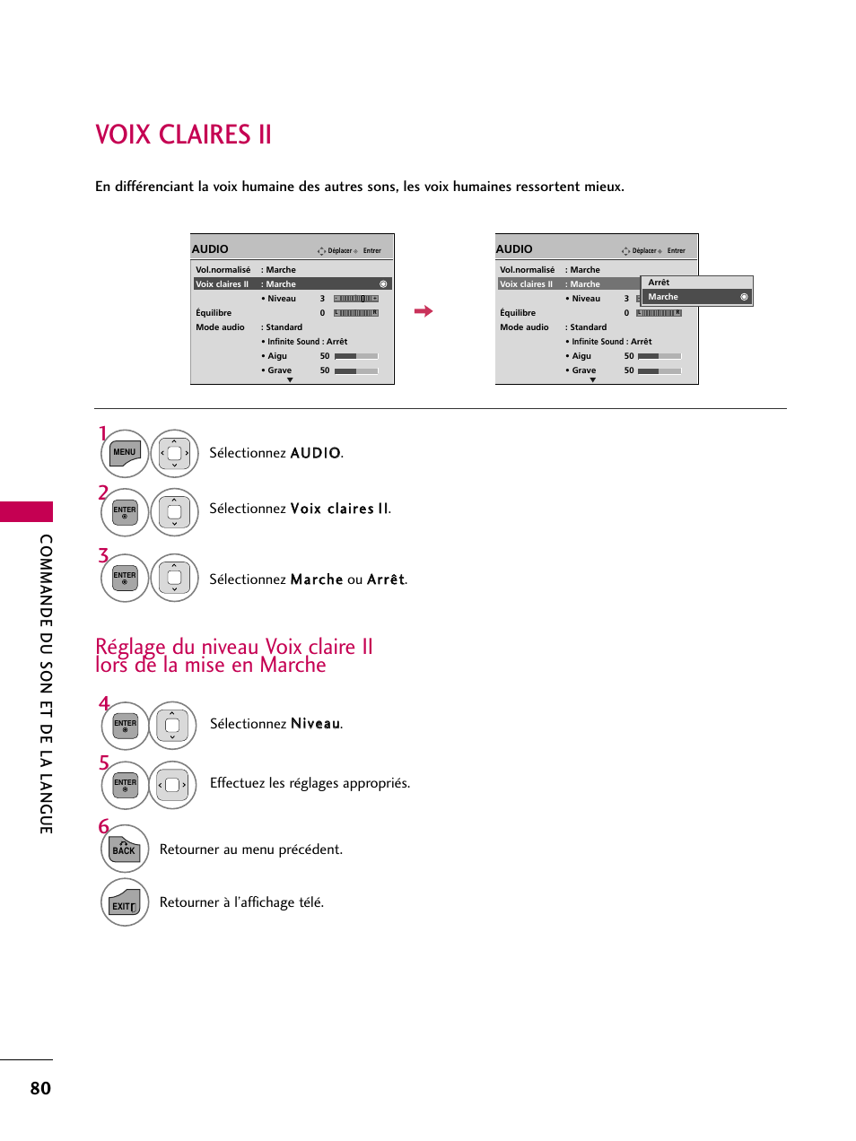 Voix claires ii, Commande du son et de la langue, Retourner au menu précédent | Effectuez les réglages appropriés | LG 22LD350C User Manual | Page 215 / 379
