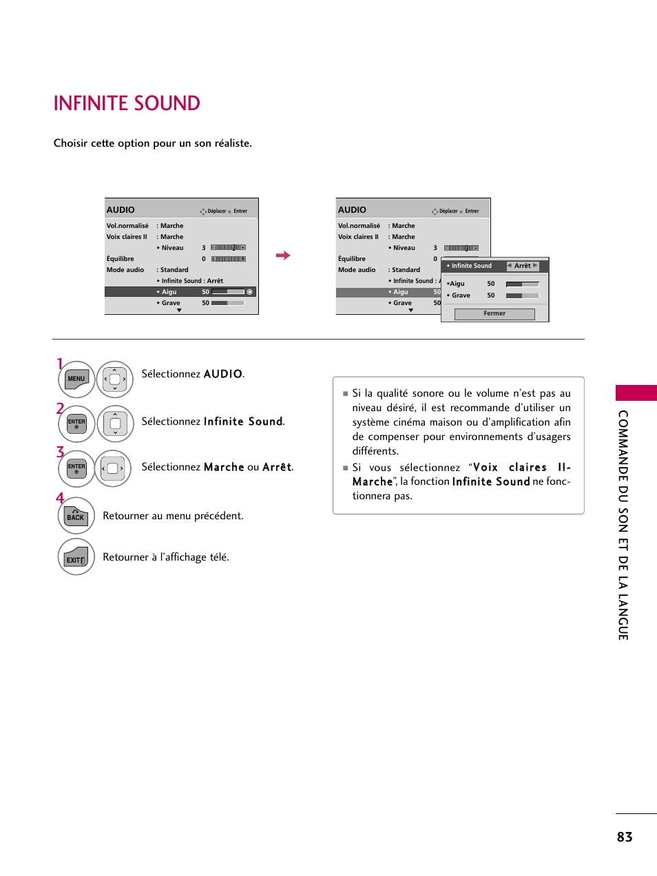 Infinite sound, Commande du son et de la langue, Retourner au menu précédent | LG 22LD350C User Manual | Page 218 / 379