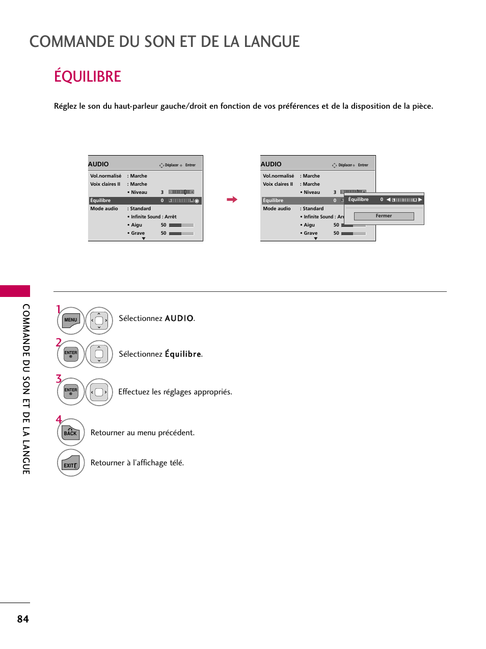 Équilibre, Commande du son et de la langue, Retourner au menu précédent | Retourner à l’affichage télé | LG 22LD350C User Manual | Page 219 / 379