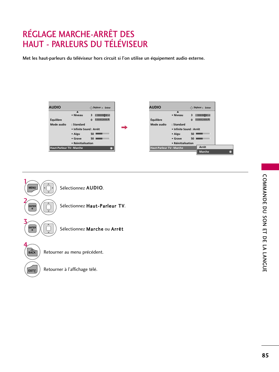 Commande du son et de la langue, Retourner au menu précédent, Retourner à l’affichage télé | LG 22LD350C User Manual | Page 220 / 379
