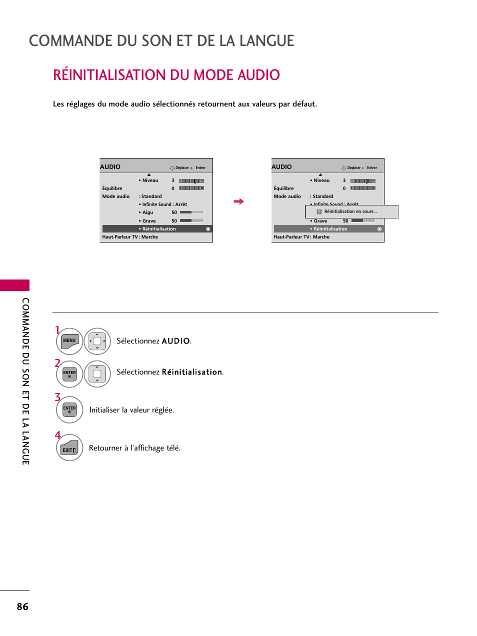 Réinitialisation du mode audio, Commande du son et de la langue, Initialiser la valeur réglée | Retourner à l’affichage télé | LG 22LD350C User Manual | Page 221 / 379
