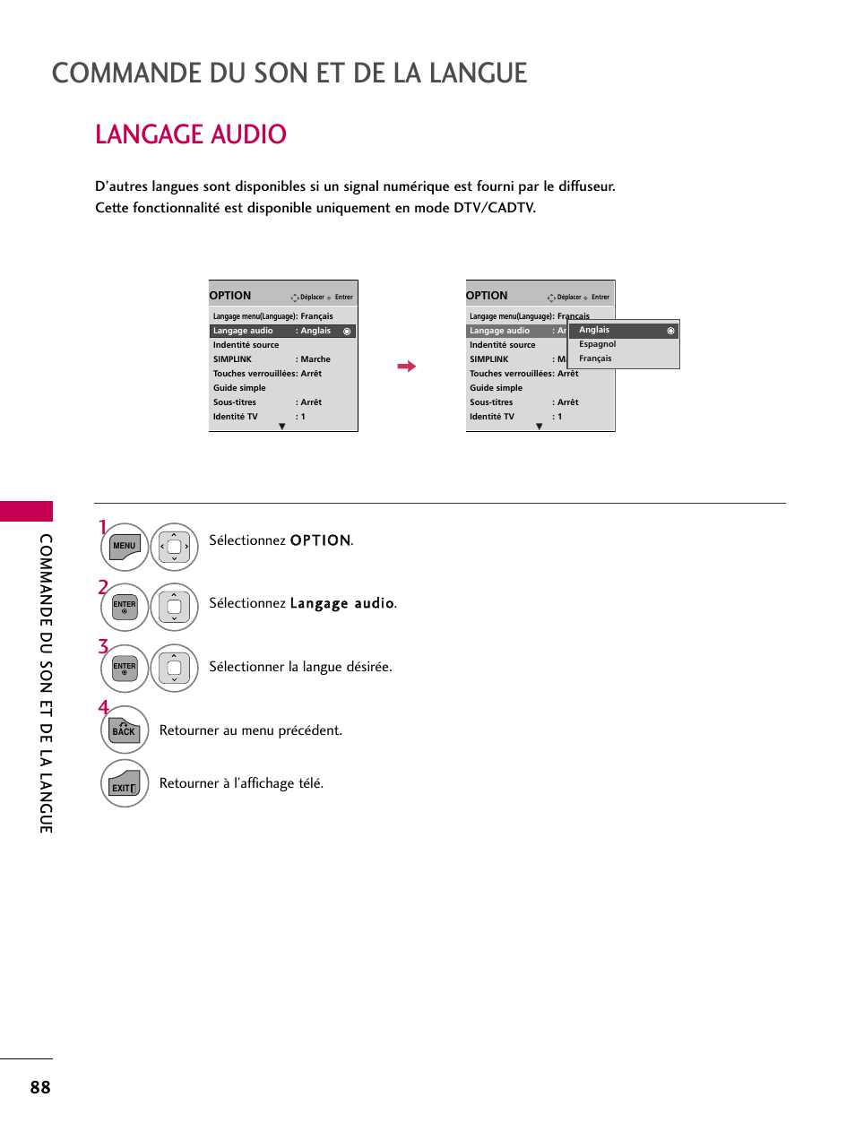 Langage audio, Commande du son et de la langue | LG 22LD350C User Manual | Page 223 / 379
