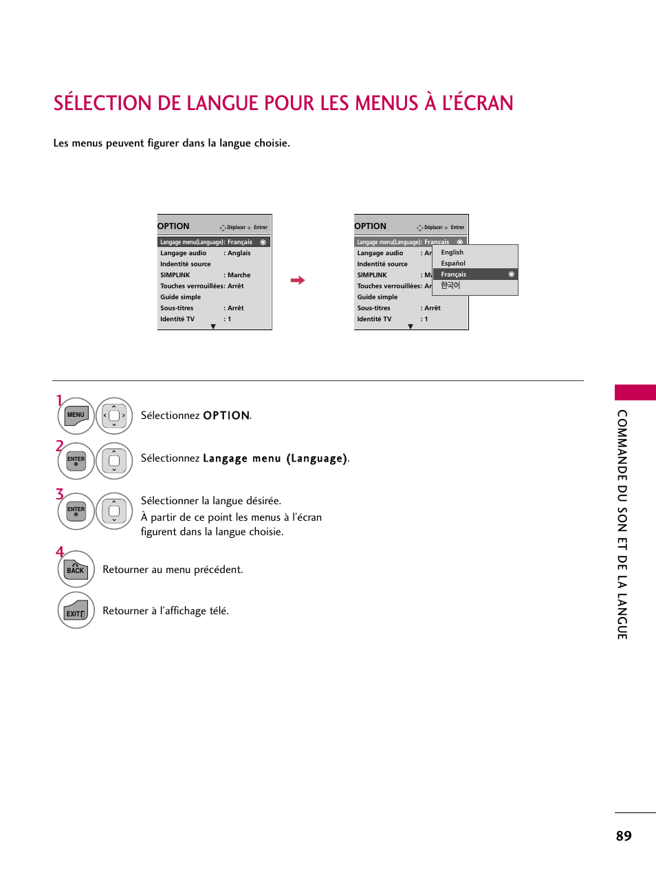 Sélection de langue pour les menus à l’écran, Commande du son et de la langue, Retourner au menu précédent | Retourner à l’affichage télé | LG 22LD350C User Manual | Page 224 / 379