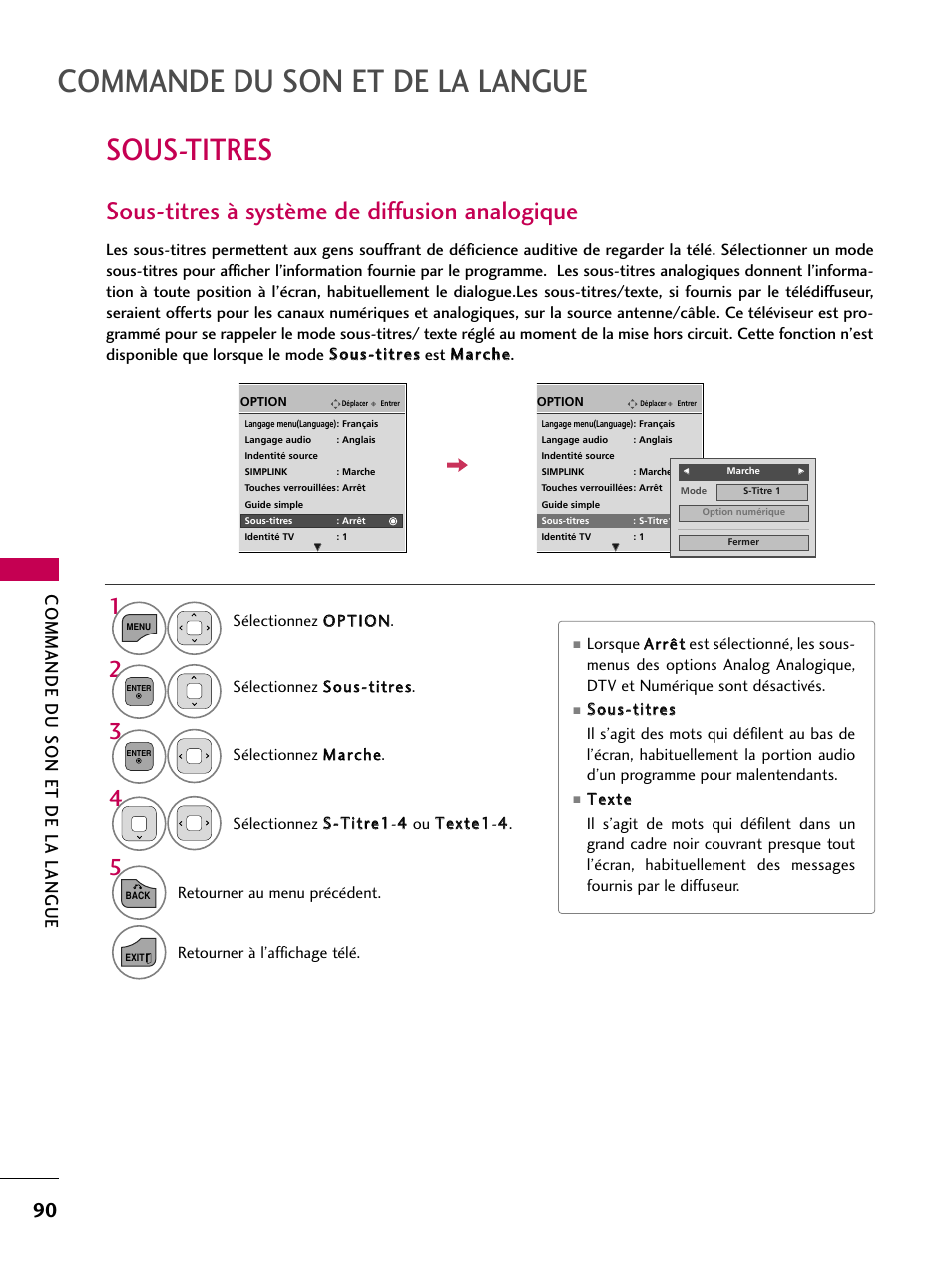 Sous-titres, Sous-titres à système de diffusion analogique, Commande du son et de la langue | LG 22LD350C User Manual | Page 225 / 379