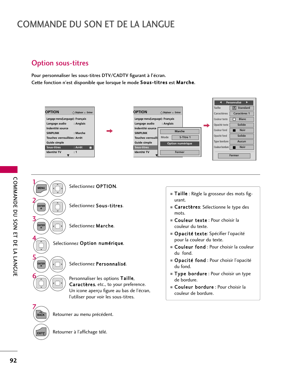 Option sous-titres, Commande du son et de la langue | LG 22LD350C User Manual | Page 227 / 379