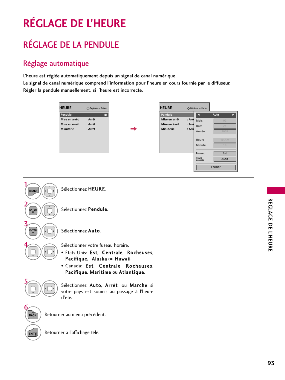 Réglage de l’heure, Réglage de la pendule, Réglage automatique | Regla ge de l’heure | LG 22LD350C User Manual | Page 228 / 379