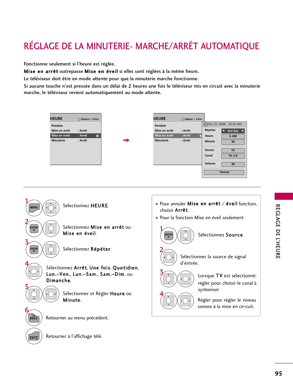 Réglage de la minuterie- marche/arrêt automatique, Regla ge de l’heure | LG 22LD350C User Manual | Page 230 / 379