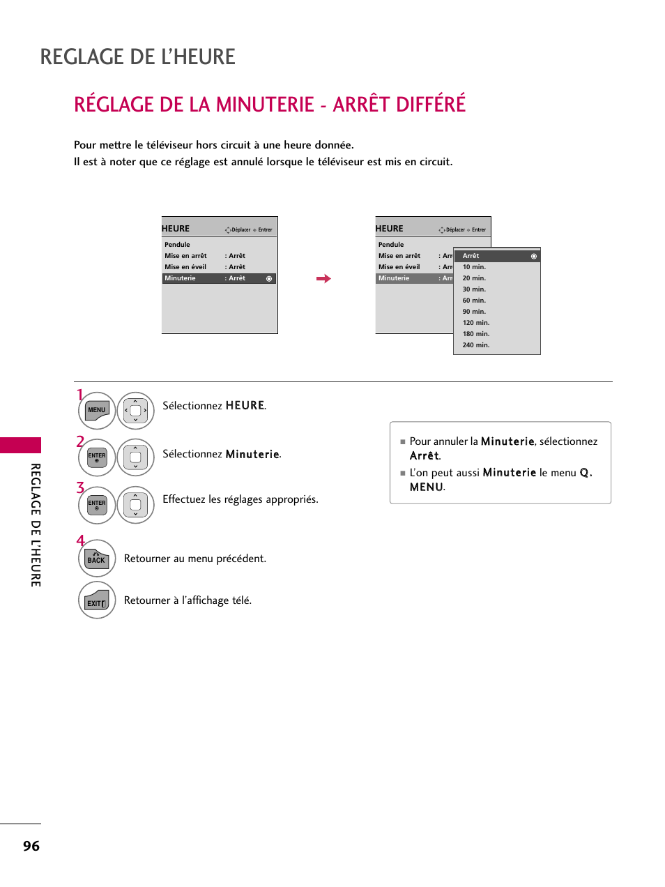 Réglage de la minuterie - arrêt différé, Reglage de l’heure, Regla ge de l’heure | LG 22LD350C User Manual | Page 231 / 379