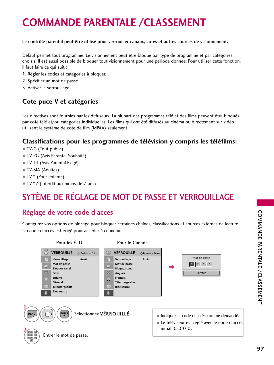 Commande parentale /classement, Sytème de réglage de mot de passe et verrouillage, Réglage de votre code d’acces | Cote puce v et catégories, Commande parent ale /classement | LG 22LD350C User Manual | Page 232 / 379