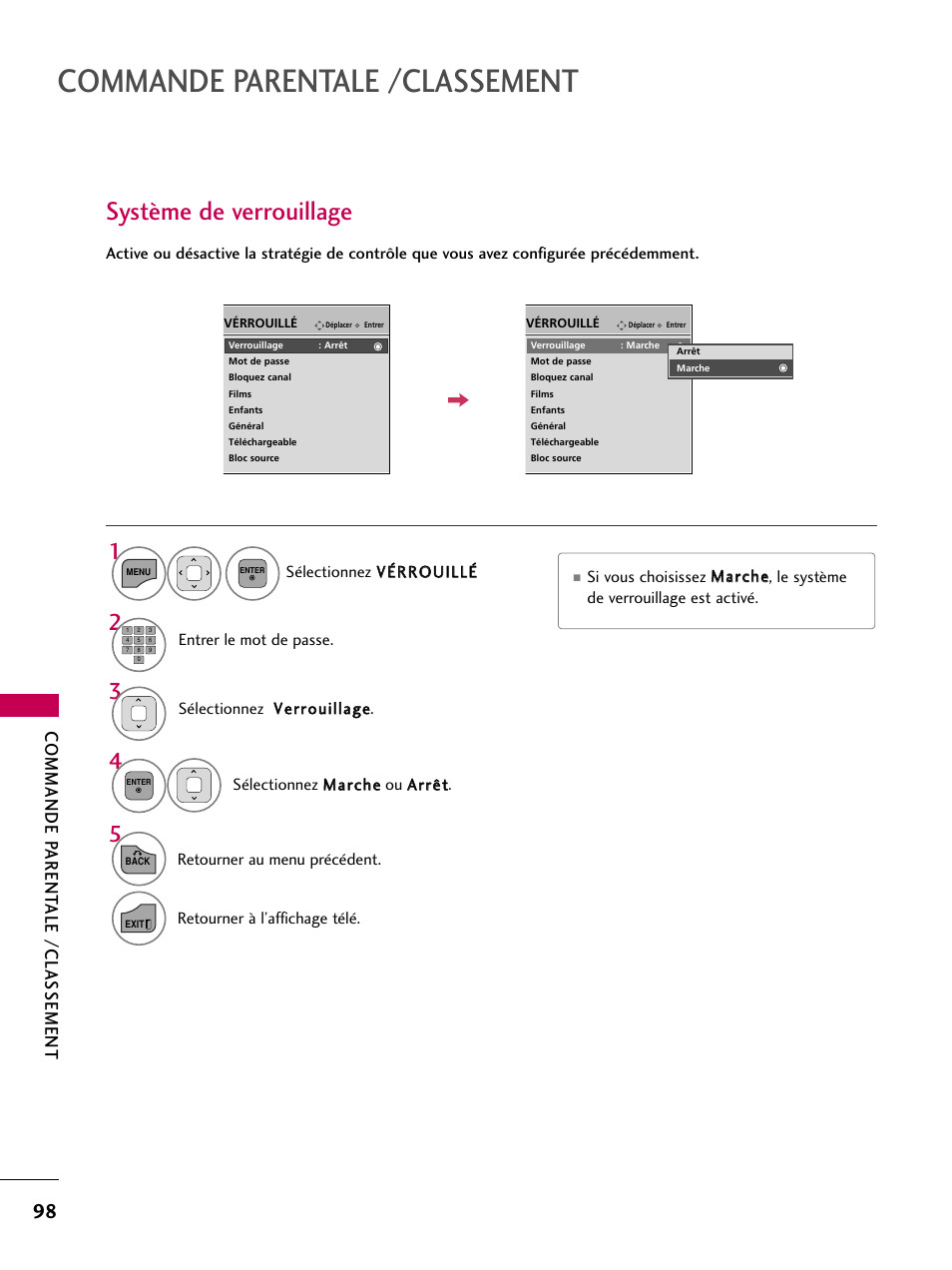 Système de verrouillage, Commande parentale /classement, Commande parent ale /classement | LG 22LD350C User Manual | Page 233 / 379