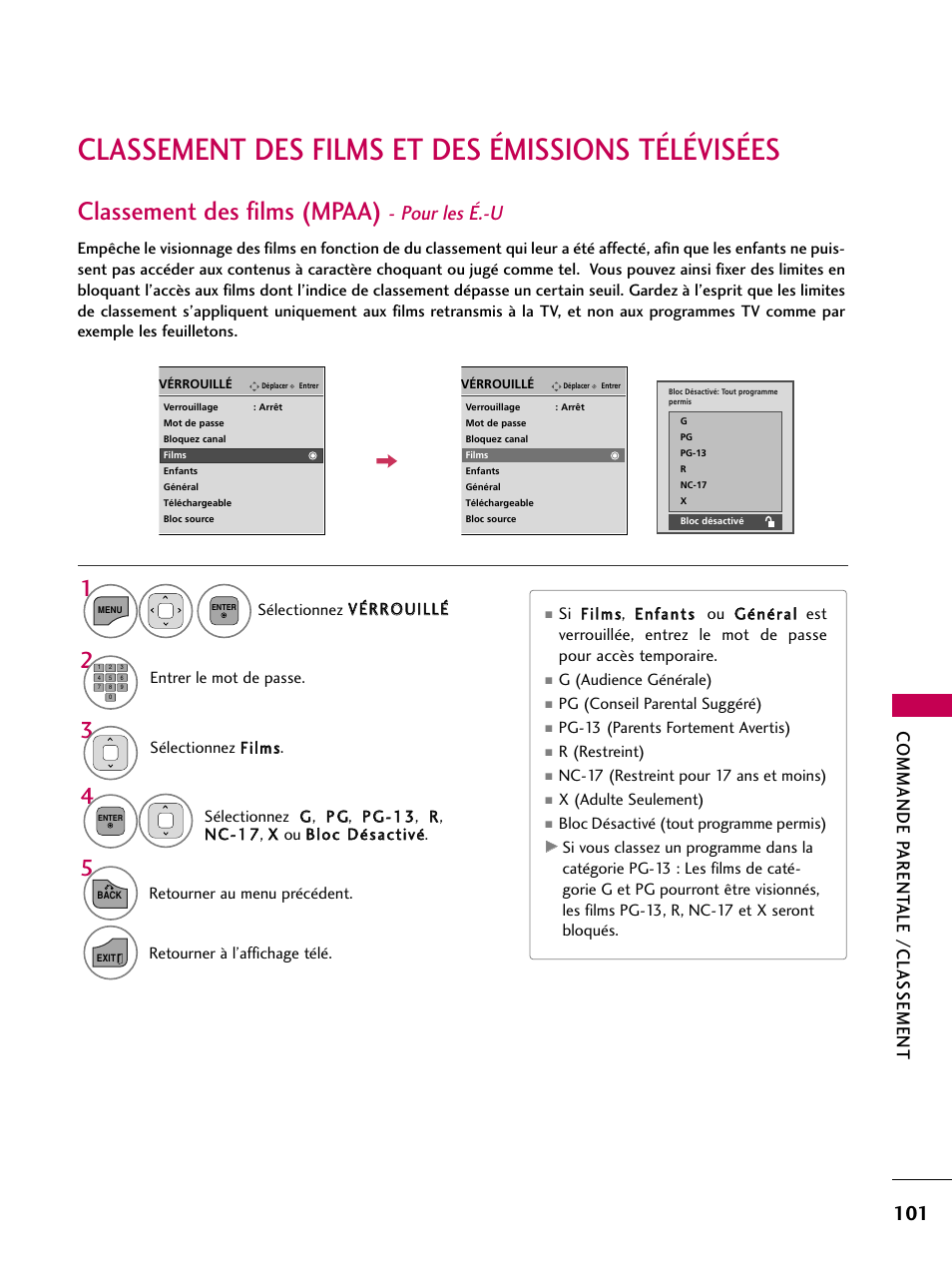 Classement des films et des émissions télévisées, Classement des films (mpaa) - pour les é.-u, Classement des films (mpaa) | Pour les é.-u, Commande parent ale /classement | LG 22LD350C User Manual | Page 236 / 379